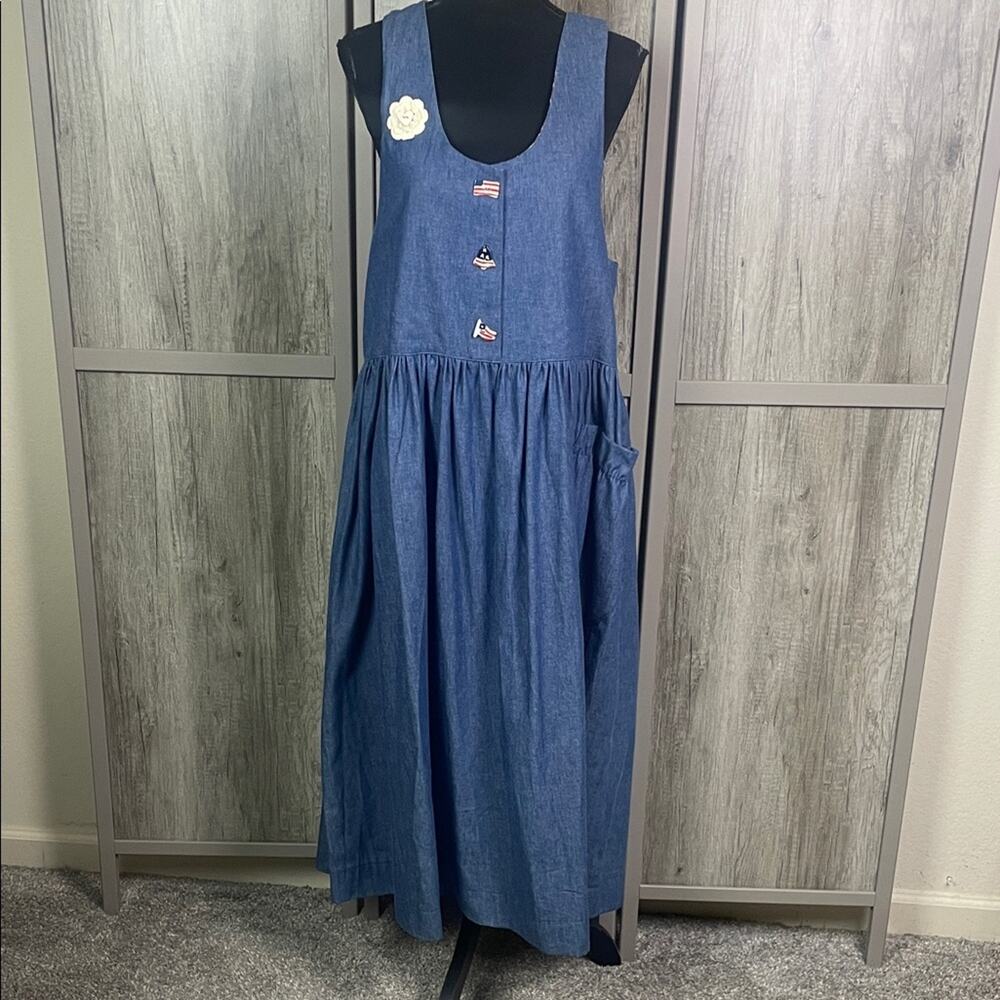Vintage 90's Handcrafted Patriotic Denim Dress with Flag Buttons Women's L